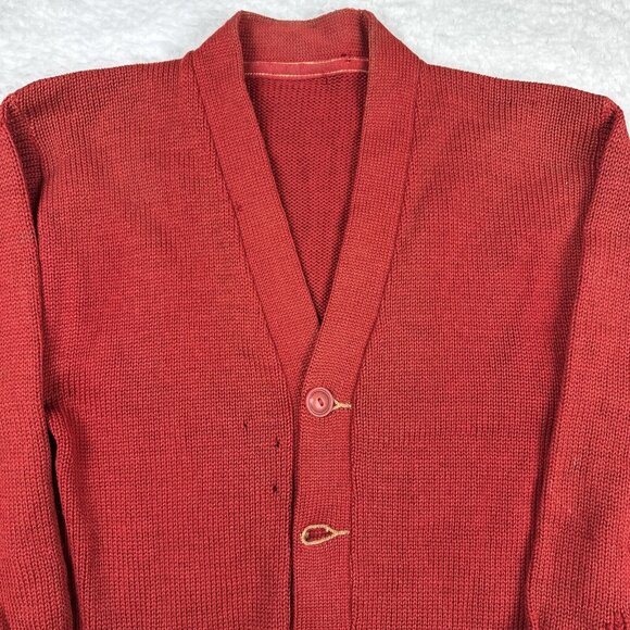 Vintage Wool Cardigan Sweater Distressed Brick Red Primitive 40s Varsity USA - Picture 2 of 16